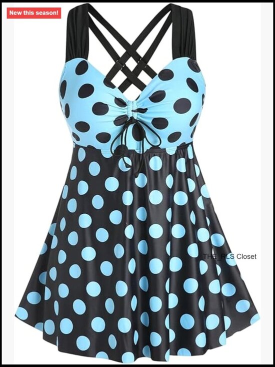 Other - Plus Size Curve Cinched Polka Dot Crisscross Tankini Swimsuit Set with Boyshorts